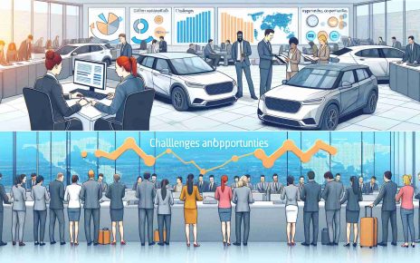 Create a detailed, high-definition image illustrating both challenges and opportunities in the car rental industry. Show a busy car rental office, with multiple diverse individuals of different descents and genders working and interacting. Display different nationalities and genders dealing with complex paperwork indicating challenge. Also, illustrate the opportunities by showing a graph highlighting growth in the sector and a map indicating expansion into new markets. Include modern, efficient rental cars in the background and a bright, optimistic colour palette to suggest opportunity.