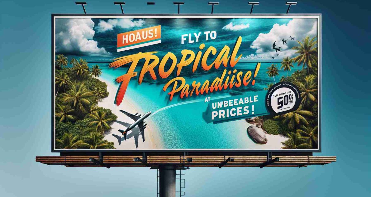 An image of an outdoor billboard advertising an exciting travel offer. The billboard features a stunning, high-definition photograph of a tropical paradise with a clear blue sky, turquoise waters, lush green palm trees, and a pristine white sandy beach. Dramatic typography in bright colors announces, 'Fly to Tropical Paradise at Unbeatable Prices!' Positioned strategically around the text are graphic elements symbolizing low cost such as a downward-pointing arrow and a price tag. The overall image emanates a sense of adventure and enticingly affordable vacation.