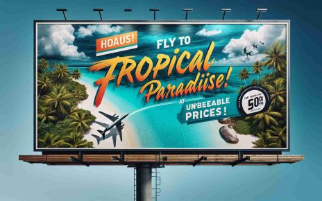 An image of an outdoor billboard advertising an exciting travel offer. The billboard features a stunning, high-definition photograph of a tropical paradise with a clear blue sky, turquoise waters, lush green palm trees, and a pristine white sandy beach. Dramatic typography in bright colors announces, 'Fly to Tropical Paradise at Unbeatable Prices!' Positioned strategically around the text are graphic elements symbolizing low cost such as a downward-pointing arrow and a price tag. The overall image emanates a sense of adventure and enticingly affordable vacation.