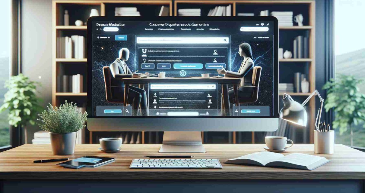 A high-definition, realistic image showcasing the process of facilitating consumer disputes resolution online. The scene includes a modern, well-lit home office setup with a large screen displaying a user-friendly interface of an online dispute resolution platform. The platform is easy to navigate, with clear instructions and responsive design elements. There is an open chatbox where the negotiation of a dispute is currently taking place. The background might include a pot of coffee, symbolizing the time and effort the procedure requires. Important focus should be the digital representation of the professional mediator and the two parties involved, their ethnicity and gender being diversified.