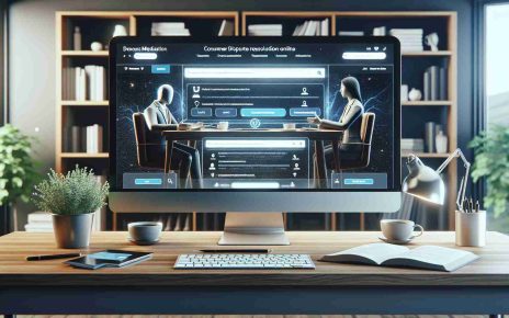 A high-definition, realistic image showcasing the process of facilitating consumer disputes resolution online. The scene includes a modern, well-lit home office setup with a large screen displaying a user-friendly interface of an online dispute resolution platform. The platform is easy to navigate, with clear instructions and responsive design elements. There is an open chatbox where the negotiation of a dispute is currently taking place. The background might include a pot of coffee, symbolizing the time and effort the procedure requires. Important focus should be the digital representation of the professional mediator and the two parties involved, their ethnicity and gender being diversified.