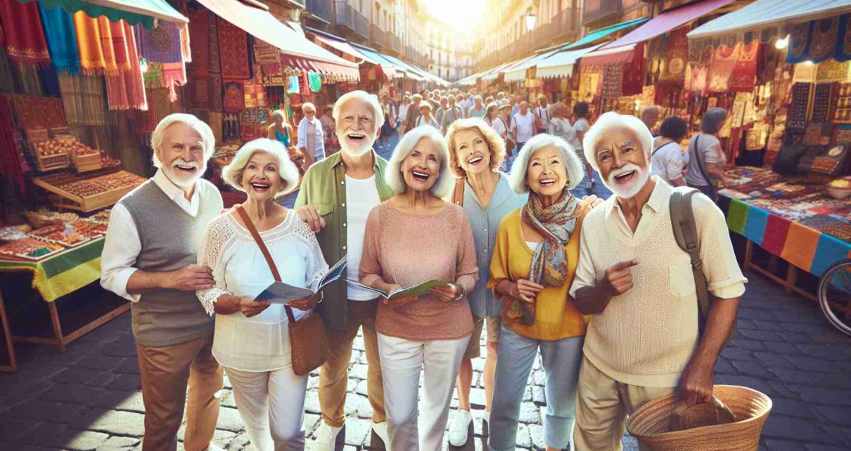 High-definition, realistic image representing a variety of affordable travel programs for seniors. The scene could display a group of joyful seniors of various descents such as Hispanic, Caucasian, Middle-Eastern, African and South Asian. They could be seen exploring a colorful local market, perhaps in a historical European city, under a gentle sunlight. Details might include they're wearing comfortable vacation attire, and holding travel brochures or guides, with noticeable excitement and curiosity in their expressions. The scenery should incorporate various cultural indicators, such as food stalls, local handicrafts, and architecture.