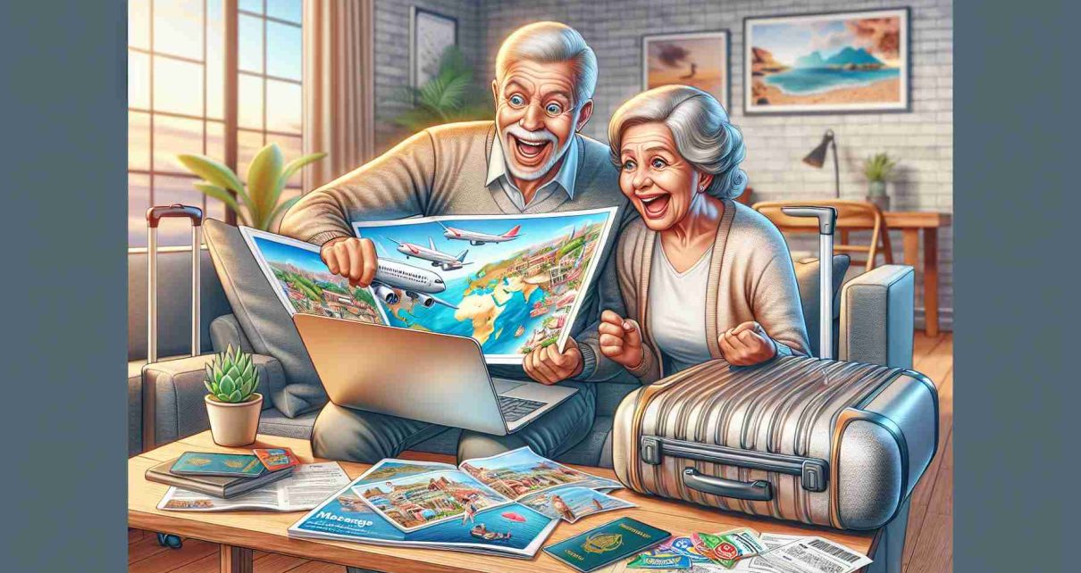 A high-definition, realistic illustration depicting the concept of the Imserso Program: Opportunities for Elderly Travel. This could include an older couple, one Caucasian male and one Middle-Eastern female, excitedly looking at travel brochures or on a laptop screen displaying exotic holiday destinations. A suitcase with travel stickers, passports, and other travel essentials spread around them on a table. Background could be a cozy living room. The picture emanates excitement, anticipation, and joy, representing expanding travel opportunities for the elderly.