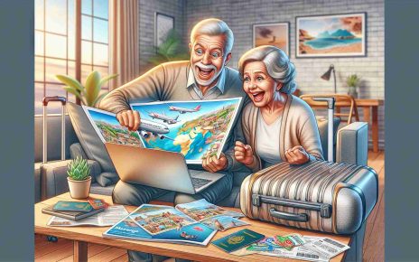 A high-definition, realistic illustration depicting the concept of the Imserso Program: Opportunities for Elderly Travel. This could include an older couple, one Caucasian male and one Middle-Eastern female, excitedly looking at travel brochures or on a laptop screen displaying exotic holiday destinations. A suitcase with travel stickers, passports, and other travel essentials spread around them on a table. Background could be a cozy living room. The picture emanates excitement, anticipation, and joy, representing expanding travel opportunities for the elderly.