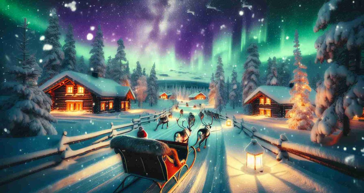 Generate a high-definition image illustrating a magical Christmas journey to Lapland. The scene should show a sleigh ride through snow-covered pine forests stirring the sense of northern mystique. Aurora borealis painting the wintry night sky with splatters of green and purple should be visible. Reindeers should be shown trotting hurriedly through the powdery snow, leaving behind a trail of puffs. Snowflakes should be softly coming down against the backdrop of warmly lit wooden lodges nestled in nature. The environment should capture the essence of Lapland's quiet beauty and wilderness, sprinkled with the spirit of Christmas.