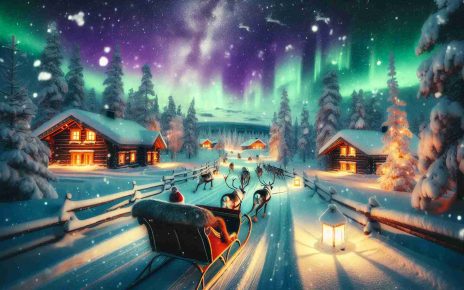 Generate a high-definition image illustrating a magical Christmas journey to Lapland. The scene should show a sleigh ride through snow-covered pine forests stirring the sense of northern mystique. Aurora borealis painting the wintry night sky with splatters of green and purple should be visible. Reindeers should be shown trotting hurriedly through the powdery snow, leaving behind a trail of puffs. Snowflakes should be softly coming down against the backdrop of warmly lit wooden lodges nestled in nature. The environment should capture the essence of Lapland's quiet beauty and wilderness, sprinkled with the spirit of Christmas.