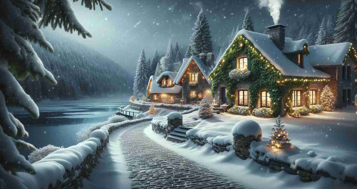 A high-definition, realistic image presenting a unique escape for December holidays. The scene captures a tranquility embraced by a blanket of fresh, white snow, unspoiled by human footprints. Ivy-decked stone cottages glowing warmly against the cold winter night, their chimneys puffing white smoke. Soundless snowflakes drift lazily from the steel-grey sky, carpeting the quiet cobblestone path, framing it with fir trees. In the distance, a frozen lake shimmering under the magic of festive string lights seems to be the hidden gem. The essence of warmth, serenity, and joyous holiday spirit filled in this idyllic environment.