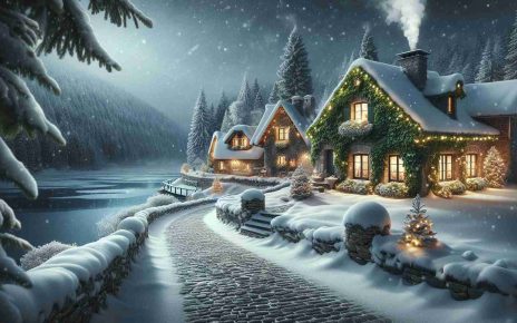 A high-definition, realistic image presenting a unique escape for December holidays. The scene captures a tranquility embraced by a blanket of fresh, white snow, unspoiled by human footprints. Ivy-decked stone cottages glowing warmly against the cold winter night, their chimneys puffing white smoke. Soundless snowflakes drift lazily from the steel-grey sky, carpeting the quiet cobblestone path, framing it with fir trees. In the distance, a frozen lake shimmering under the magic of festive string lights seems to be the hidden gem. The essence of warmth, serenity, and joyous holiday spirit filled in this idyllic environment.