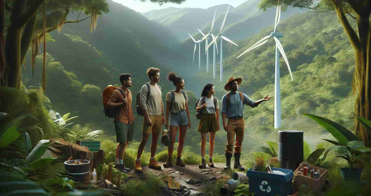 Generate a highly detailed and realistic image showcasing sustainable tourism in Costa Rica. The scene unfolds amidst the lush green tropical rainforest. A small group of diverse tourists have come together for this adventure. There is a Caucasian male, Middle-Eastern female, Black female, and a South Asian male. They are wearing eco-friendly outfits and are guided by a local Hispanic guide. The guide is pointing towards a renewable energy source like a wind turbine amidst the terrain and other activities like composting and recycling are also visible. No trace of pollution or litter can be seen anywhere, embodying the principles of sustainable tourism.