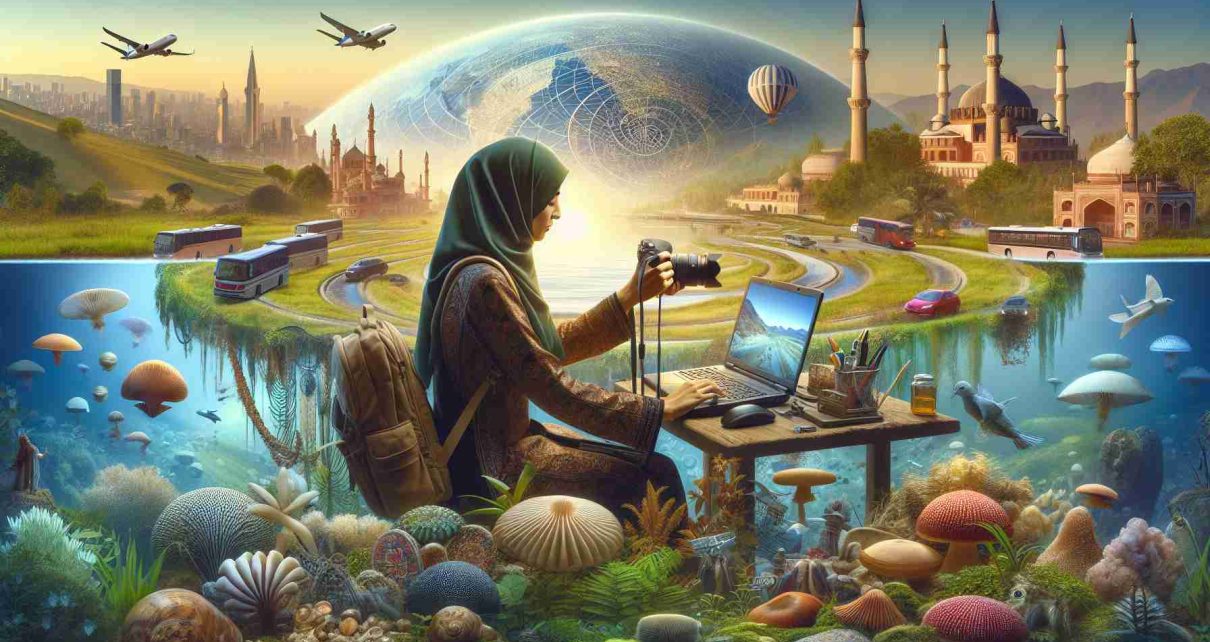 A high definition, realistic image portraying the concept of 'Exploring the Unknown: Travel Writing Opportunity 2025'. This concept is embodied by a scene of a Middle-Eastern female travel journalist, computer in hand, surrounded by unfamiliar landscapes of delicate ecosystems, untouched wilderness areas, and culturally rich urban scenes. She is capturing the beauty and nuances of these unique places for her upcoming 2025 travelogue. Elements such as her inclusion of local peoples in her narratives and an undercurrent of anticipation for her next adventure showcase the enduring appeal of this profession.