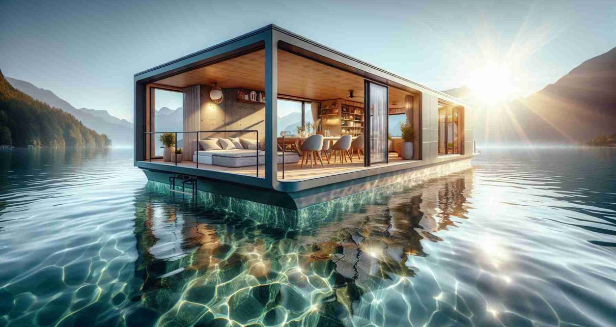 An ultra high-definition photo exemplifying an out-of-the-ordinary floating living experience. This scene should include a well-designed houseboat floating calmly on pristine, translucent water. The houseboat encases features akin to a luxury apartment, with modern furniture and high-end appliances. Outside, there's a cozy alfresco dining area on the deck. Warm sunlight bathes the scene, resulting in a sparkling water surface, and the clear blue sky above adds an expansive feel to the image. Let details like the ripple of water, reflections, and the texture of the boat's material stand out.