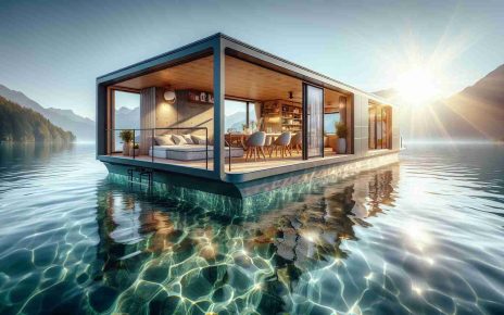 An ultra high-definition photo exemplifying an out-of-the-ordinary floating living experience. This scene should include a well-designed houseboat floating calmly on pristine, translucent water. The houseboat encases features akin to a luxury apartment, with modern furniture and high-end appliances. Outside, there's a cozy alfresco dining area on the deck. Warm sunlight bathes the scene, resulting in a sparkling water surface, and the clear blue sky above adds an expansive feel to the image. Let details like the ripple of water, reflections, and the texture of the boat's material stand out.