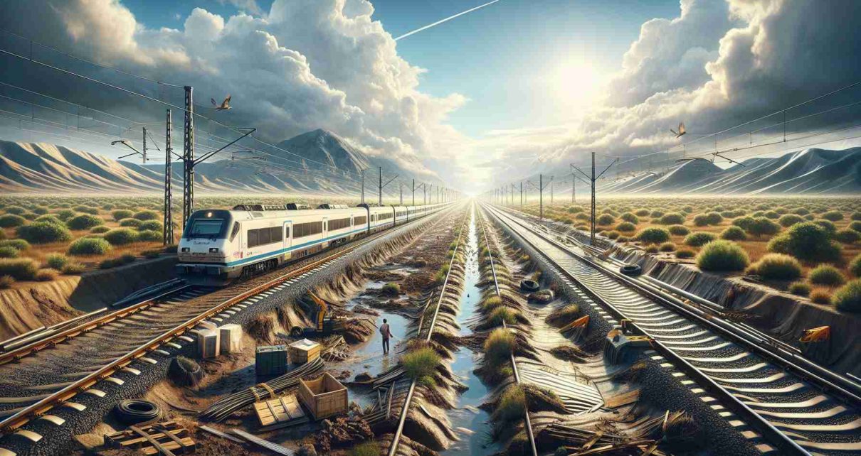 Create a high-definition, realistic image showcasing the scene of a train service resuming its operations between Valencia and Madrid, following reparations done after rain damage. The landscape view should show repaired tracks stretching long distances, with the train about to embark on its journey. Clouds parting could indicate the end of the rainy season. Please include signs of recent rain damage that's been fixed, such as wet soil, cleaned debris near tracks, and refurbished train infrastructure.