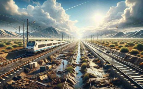 Create a high-definition, realistic image showcasing the scene of a train service resuming its operations between Valencia and Madrid, following reparations done after rain damage. The landscape view should show repaired tracks stretching long distances, with the train about to embark on its journey. Clouds parting could indicate the end of the rainy season. Please include signs of recent rain damage that's been fixed, such as wet soil, cleaned debris near tracks, and refurbished train infrastructure.