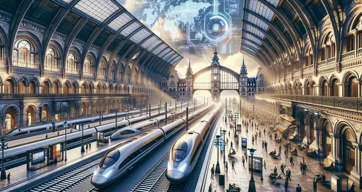 A high-definition, realistic image showing Europe's advancement in technology and leadership in travel. Picture a grand railway station bustling with activity, people eagerly waiting for their trains. The architecture, a blend of traditional and modern design, reflects the rich history of Europe while incorporating aspects of contemporary technology. The trains themselves are sleek, efficient models of futuristic design, symbols of Europe's rise to technological dominance. In the sky, a digitally projected route map hints at the extensive connectivity across the continent. This scene illustrates the intersection of technological innovation and travel in Europe.