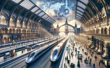 A high-definition, realistic image showing Europe's advancement in technology and leadership in travel. Picture a grand railway station bustling with activity, people eagerly waiting for their trains. The architecture, a blend of traditional and modern design, reflects the rich history of Europe while incorporating aspects of contemporary technology. The trains themselves are sleek, efficient models of futuristic design, symbols of Europe's rise to technological dominance. In the sky, a digitally projected route map hints at the extensive connectivity across the continent. This scene illustrates the intersection of technological innovation and travel in Europe.