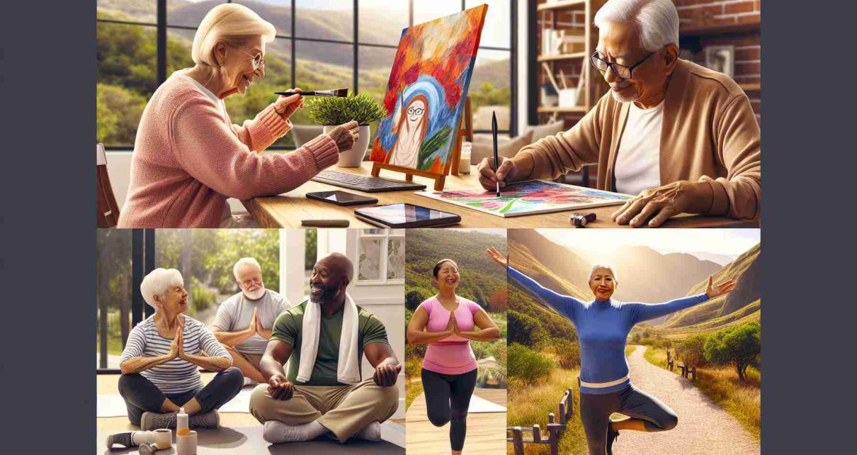 Generate a realistic high-definition image showcasing an active aging program called 'Exploring New Horizons.' The scene could include an elder Caucasian woman taking a painting class, an elderly South Asian man participating in a digital literacy course, a mature Black woman practicing yoga, and an senior Middle Eastern man on a guided nature walk. All of them are enthusiastically engaging in these activities, emphasizing the vibrancy and diversity of life experiences at older ages.