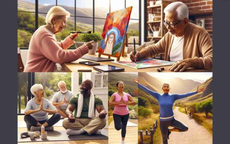 Generate a realistic high-definition image showcasing an active aging program called 'Exploring New Horizons.' The scene could include an elder Caucasian woman taking a painting class, an elderly South Asian man participating in a digital literacy course, a mature Black woman practicing yoga, and an senior Middle Eastern man on a guided nature walk. All of them are enthusiastically engaging in these activities, emphasizing the vibrancy and diversity of life experiences at older ages.