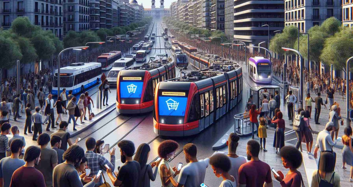 A high-definition, realistic image of a bustling cityscape in Madrid. A clear depiction of transportation revolution is evident: traditional amenities like buses, metro trains, and trams glide through the city streets and tracks, their passengers engrossed in their mobile devices. Visible on the screens of the devices are digital ticketing applications, suggesting a transition to mobile ticketing. Among the crowd, there's a diverse population consisting of Hispanic and Black people of varying genders, some boarding the transportation, others exiting, all efficiently utilizing the mobile ticketing system.