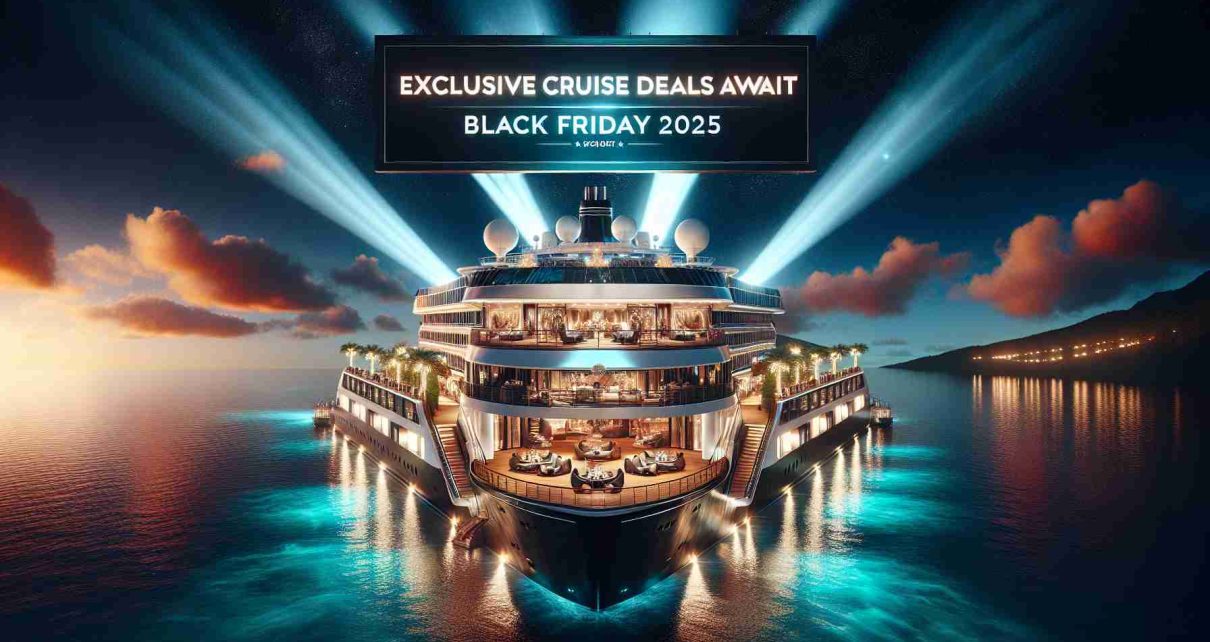 A highly realistic image displaying an advert for exclusive cruise deals available during Black Friday of 2025. The background is a vibrant night sky with strategically placed spotlight beams illuminating a luxurious cruise ship sailing on calm azure waters. Strategically spotlighted sections of the scene include the ship's plush facilities and outdoor dining areas. Luxuriously dressed individuals can be seen enjoying the ship's amenities. A bold, eye-catching text 'Exclusive Cruise Deals Await' is displayed, with 'Black Friday 2025' written in smaller font underneath. The atmosphere suggests excitement and anticipation of great deals.