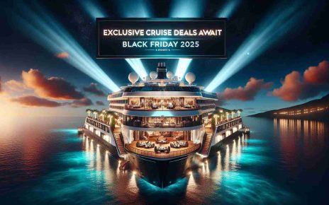 A highly realistic image displaying an advert for exclusive cruise deals available during Black Friday of 2025. The background is a vibrant night sky with strategically placed spotlight beams illuminating a luxurious cruise ship sailing on calm azure waters. Strategically spotlighted sections of the scene include the ship's plush facilities and outdoor dining areas. Luxuriously dressed individuals can be seen enjoying the ship's amenities. A bold, eye-catching text 'Exclusive Cruise Deals Await' is displayed, with 'Black Friday 2025' written in smaller font underneath. The atmosphere suggests excitement and anticipation of great deals.