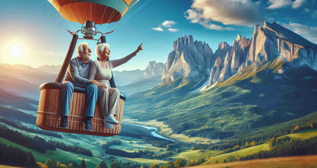 Generate a realistic high-definition image that embodies the concept of exploring new alternatives for senior travel adventures. Picture an elderly Caucasian male and a Black woman actively engaging in a thrilling hot-air balloon journey over a breathtaking natural landscape. The scene could contain majestic mountains in the backdrop with a clear, blue sky above and vast green fields below, signifying the excitement and the opportunities of adventurous travels for seniors.