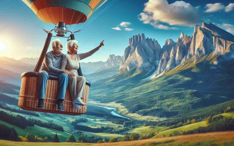 Generate a realistic high-definition image that embodies the concept of exploring new alternatives for senior travel adventures. Picture an elderly Caucasian male and a Black woman actively engaging in a thrilling hot-air balloon journey over a breathtaking natural landscape. The scene could contain majestic mountains in the backdrop with a clear, blue sky above and vast green fields below, signifying the excitement and the opportunities of adventurous travels for seniors.