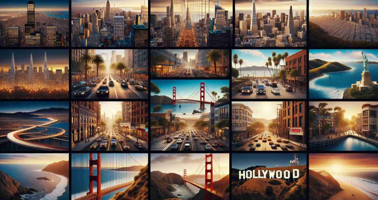 A high-definition, realistic image capturing various cinematic cities across America. It includes scenes from a bustling, vibrant downtown area with skyscrapers reaching into the sky, showing the essence of New York City. Move to the picturesque Golden Gate Bridge surrounded by the unique landscape of San Francisco. Visit the historic brick architecture and the charming small-town vibes of Boston. A glimpse of the beaches and the alluring nightlife scene in Miami. Finally, reach the Hollywood sign in Los Angeles, representing the heart of American cinema.