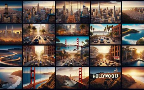 A high-definition, realistic image capturing various cinematic cities across America. It includes scenes from a bustling, vibrant downtown area with skyscrapers reaching into the sky, showing the essence of New York City. Move to the picturesque Golden Gate Bridge surrounded by the unique landscape of San Francisco. Visit the historic brick architecture and the charming small-town vibes of Boston. A glimpse of the beaches and the alluring nightlife scene in Miami. Finally, reach the Hollywood sign in Los Angeles, representing the heart of American cinema.