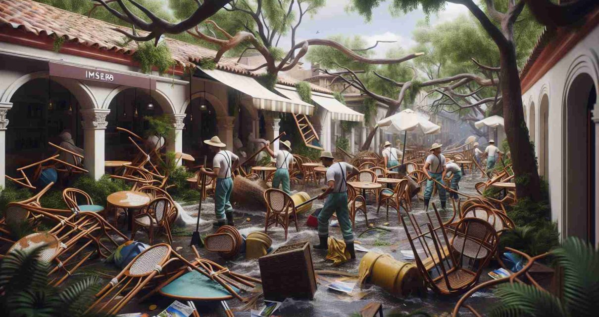 Produce a high-definition realistic image that depicts the aftermath of a recent storm on a fictitious tourism program named 'Imserso'. Show signs of a heavy storm impacting a beautiful tourist destination - scattered tree branches, overturned outdoor furniture in a once vibrant café, tourist brochures soaked and scattered. However, insert a sense of hope and recovery: workers of various descents like Hispanic, Caucasian and Middle-Eastern men and women are tirelessly cleaning and restoring. Include attributes of their cultural identities in their attires subtly. Make sure to keep this human-centric scene diverse, inclusive, and insightful.