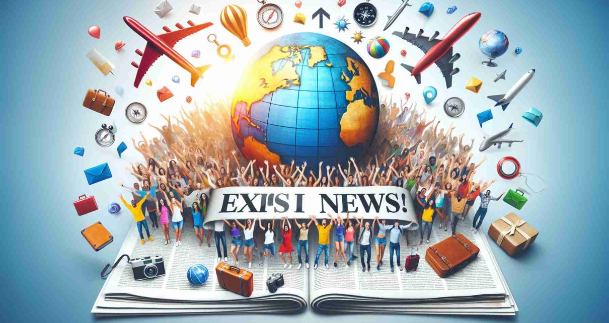 Create a high-definition, realistic image symbolizing 'Exciting News for Travel Enthusiasts!' Focus on elements such as highlighted headlines in a newspaper or on a digital screen, a vibrant globe surrounded by various symbols of travelling like airplanes, compasses, and suitcases. Maybe also include a crowd of diverse people with different genders and descents showing joyful and ecstatic reactions towards the news.