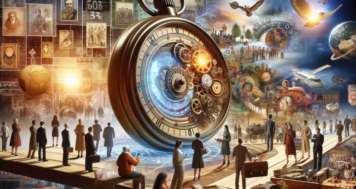 A highly detailed and realistic depiction of a concept involving time travel and social awareness. Perhaps a scene with an old-fashioned watch displaying different time zones in the foreground, while the background depicts various historical social movements. A diverse group of people are interacting with the timepiece or experiencing these different eras. Perhaps there could be features like banners or placards showcasing various social messages, to indicate a link between the time changes and the shift in social consciousness. It is essential to accurately represent different genders and descents.