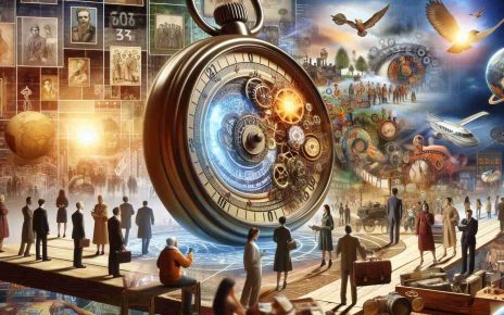 A highly detailed and realistic depiction of a concept involving time travel and social awareness. Perhaps a scene with an old-fashioned watch displaying different time zones in the foreground, while the background depicts various historical social movements. A diverse group of people are interacting with the timepiece or experiencing these different eras. Perhaps there could be features like banners or placards showcasing various social messages, to indicate a link between the time changes and the shift in social consciousness. It is essential to accurately represent different genders and descents.