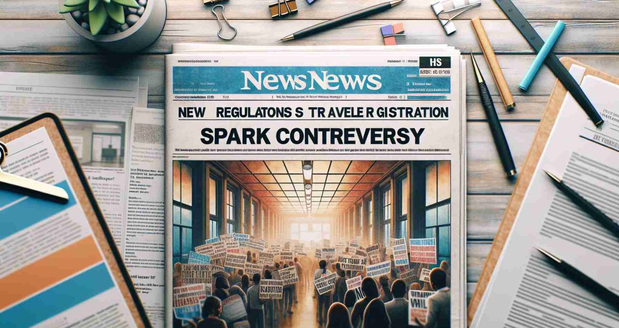 Create a photorealistic HD image of a newspaper front page featuring a headline that reads 'New Regulations for Traveler Registration Spark Controversy'. Surrounding the headline are articles and supporting images discussing the controversy. Please highlight the emotional tension surrounding the issue in the design and layout of the newspaper page. Make sure to include intricate details that communicate a sense of urgency and concern.