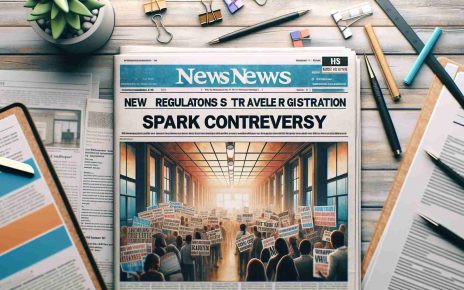 Create a photorealistic HD image of a newspaper front page featuring a headline that reads 'New Regulations for Traveler Registration Spark Controversy'. Surrounding the headline are articles and supporting images discussing the controversy. Please highlight the emotional tension surrounding the issue in the design and layout of the newspaper page. Make sure to include intricate details that communicate a sense of urgency and concern.