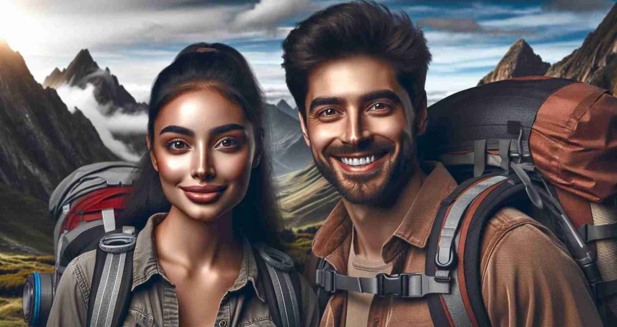 A realistic and high definition image of an adventuring couple who decided to leave their conventional employment to pursue their dreams. Imagine a man and a woman, of South Asian and Middle-Eastern descent respectively, standing against the backdrop of a stunning natural landscape. The man's face brims with joy, her eyes sparkle with excitement. They are both outfitted with trekking gear, including backpacks of supplies. The thrill of the unknown and the spirit of exploration emanate from the picture, encapsulating the concept of 'living the dream'.