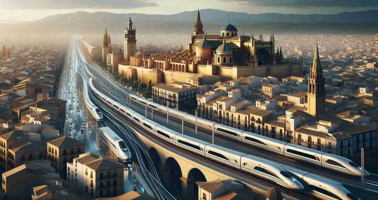 A high-definition, realistic image depicting the major expansion of high-speed rail travel in the historic city of Córdoba. The image should capture the hustle and bustle of modern travel against the backdrop of this ancient city, showcasing new-age trains juxtaposed with the rich architectural heritage.