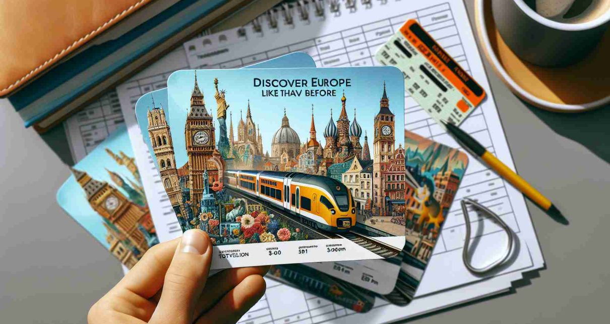 Generate a high-resolution, realistic photo of complimentary train tickets tailored for adventurous young travelers. The tickets should be beautifully designed, showcasing a vibe of exploration and discovery. The theme of the ticket design should be 'Discover Europe Like Never Before', thus incorporating iconic landmarks from different European destinations, symbolizing a captivating journey through the diverse cultures, architectural marvels, and scenic landscapes of Europe.