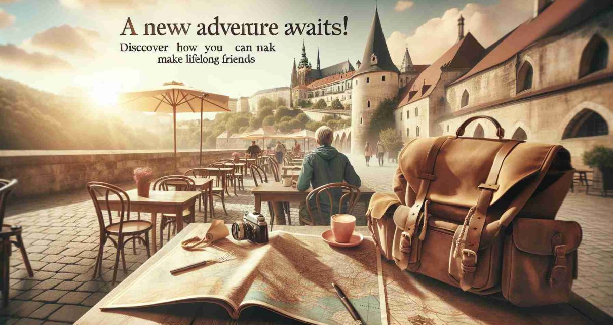 Generate a high-definition, realistic image showcasing a solo travel adventure in Europe. Imagine a scene where a traveler of Middle-Eastern descent is meeting new people at a local café in a historic European city. Their backpack and map on the table suggest a day packed with exploration. Perhaps a castle or famous monument can be seen in the distance. The caption, 'A New Adventure Awaits! Discover How You Can Make Lifelong Friends' is gracefully written at the bottom.