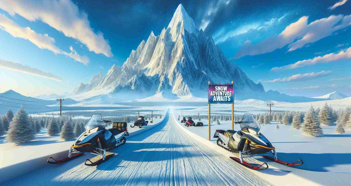 Create a highly detailed, realistic depiction of an exciting winter adventure scene. Imagine a snowy landscape, clear and bright under a blue sky. There's a tall, snow-capped mountain in the background, breathtaking in its majesty. In the foreground, you can see sleds or snowmobiles, poised to take adrenaline junkies on a day trip they'll never forget. There's a vibrant sign beckoning the adventurous, with the words 'Snow Adventure Awaits!' on it. The air is filled with anticipation and the palpable thrill of the upcoming exploration.