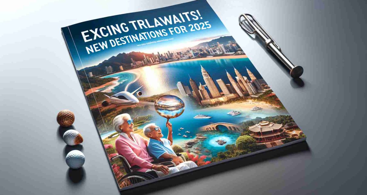 A glossy, high-resolution image of a travel brochure specifically targeting seniors, titled 'Exciting Travel Awaits! New Destinations for 2025'. The cover selectively features serene beachfront resorts, culturally rich cities, exotic natural landscapes, and prestigious golf courses.  Breathtaking views, packed attractions, and leisure activities are well-captured to entice senior citizens for a remarkable travel experience ahead in the year 2025.