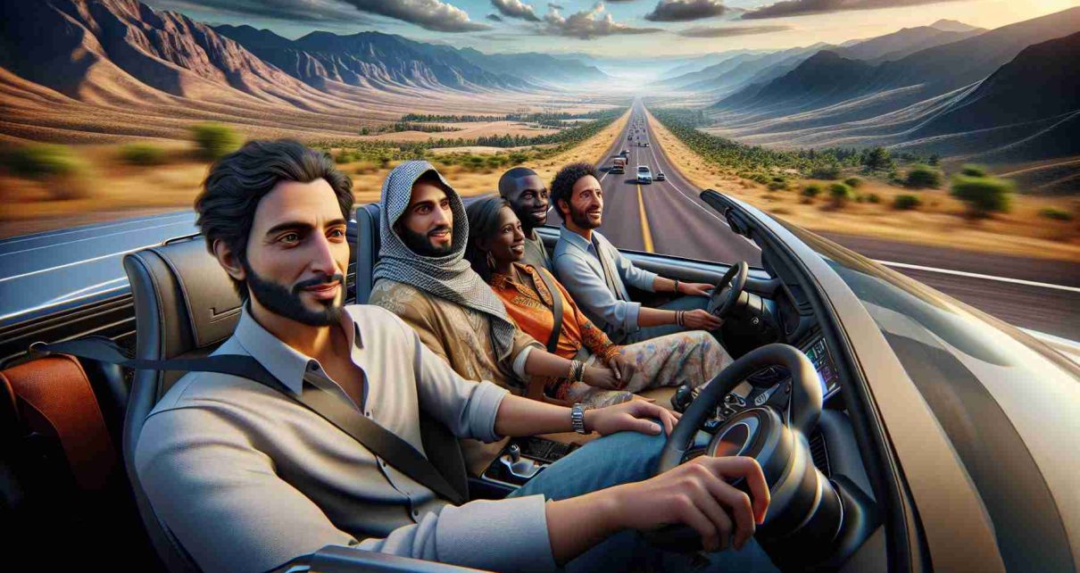 A detailed, photorealistic scene of a unique adventure on the open road. Within a spiffy, sleek car, a Middle-Eastern male driver in his 30s and four passengers of differing descents; a Hispanic woman, a Caucasian man, a Black woman, and a South Asian man, each with expressions of excitement and anticipation. Surroundings captivate with astounding sceneries extending beyond the horizon, signifying the boundless journey ahead. The image should portray a sense of freedom and transcendence, capturing the spirit of travel and exploration. Render in HD for lifelike precision.