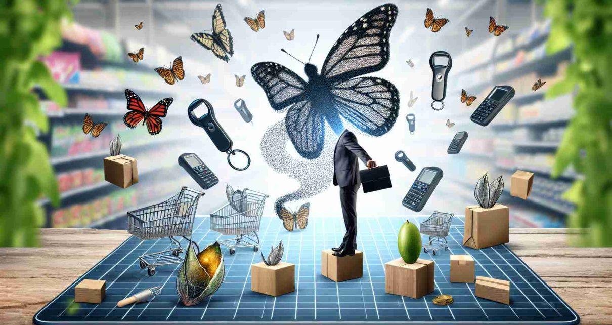 Create a high-definition, realistic image depicting the concept of 'Revolutionary Changes Ahead!' involving a large retail company significantly transforming its workforce strategy. The scene includes symbolic elements representing commerce like shopping carts or barcode scanners, as well as symbols of change and transformation such as chrysalises or butterflies.