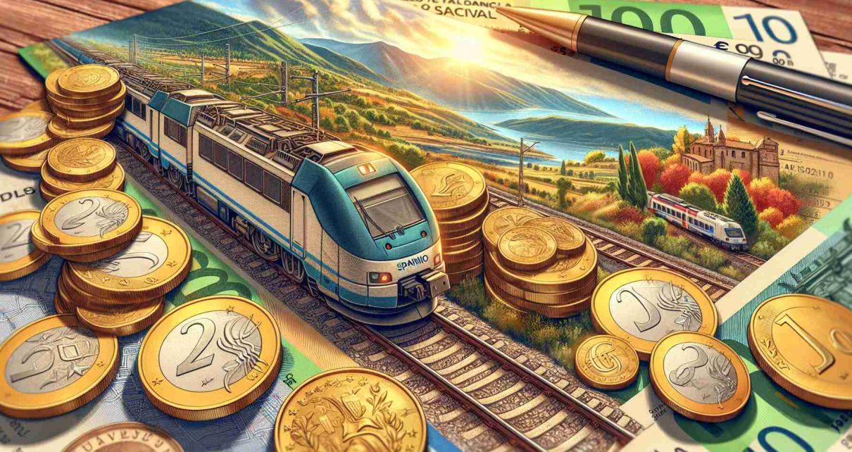 Generate a high definition realistic image representing a significant bargain for train travel across Spain. The image elements should also suggest the affordability of the adventure, perhaps including a depiction of Spanish scenery along the train lines, rail tickets and coins depicting only a few Euros.